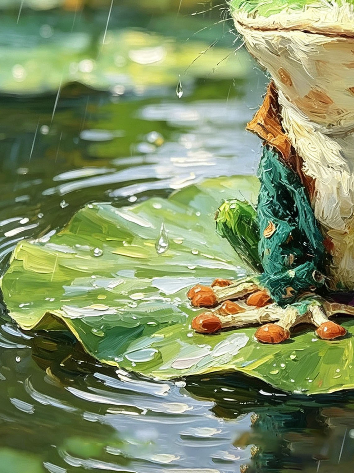 Cute Dressed Green Frog Sitting On Rainy Lotus Leaf Impasto Oil Painting Custom oil painting from photo, Gift for friend，Size 4x4