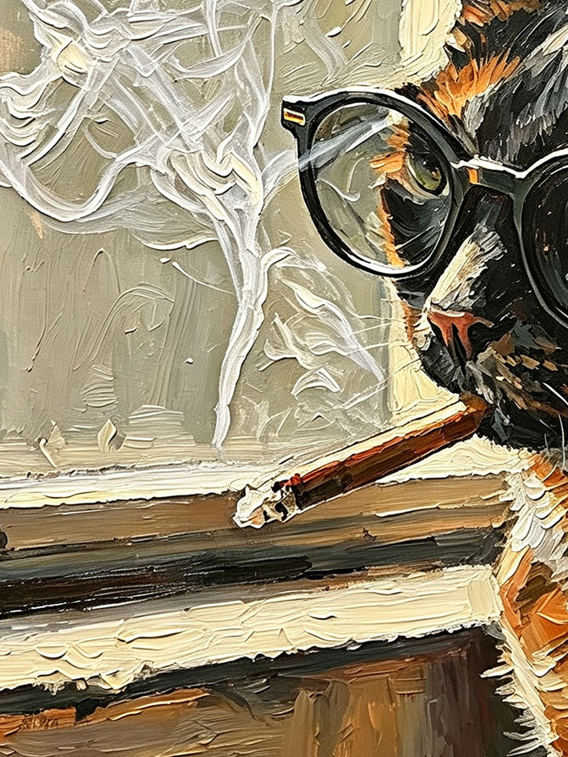 Cool Tortoiseshell Cat With Glasses By Window Impasto Oil Painting Custom oil painting from photo, Gift for friend，Size 4x4