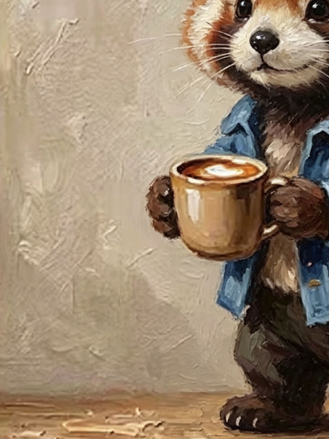Cute Red Panda In Denim Jacket Holding Coffee Mug Impasto Oil Painting Custom oil painting from photo, Gift for friend，Size 4x4