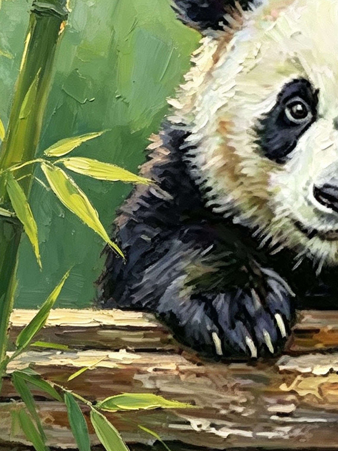 Adorable Giant Panda Leaning Over Log In Bamboo Forest Impasto Oil Painting Custom oil painting from photo, Gift for friend，Size 4x4