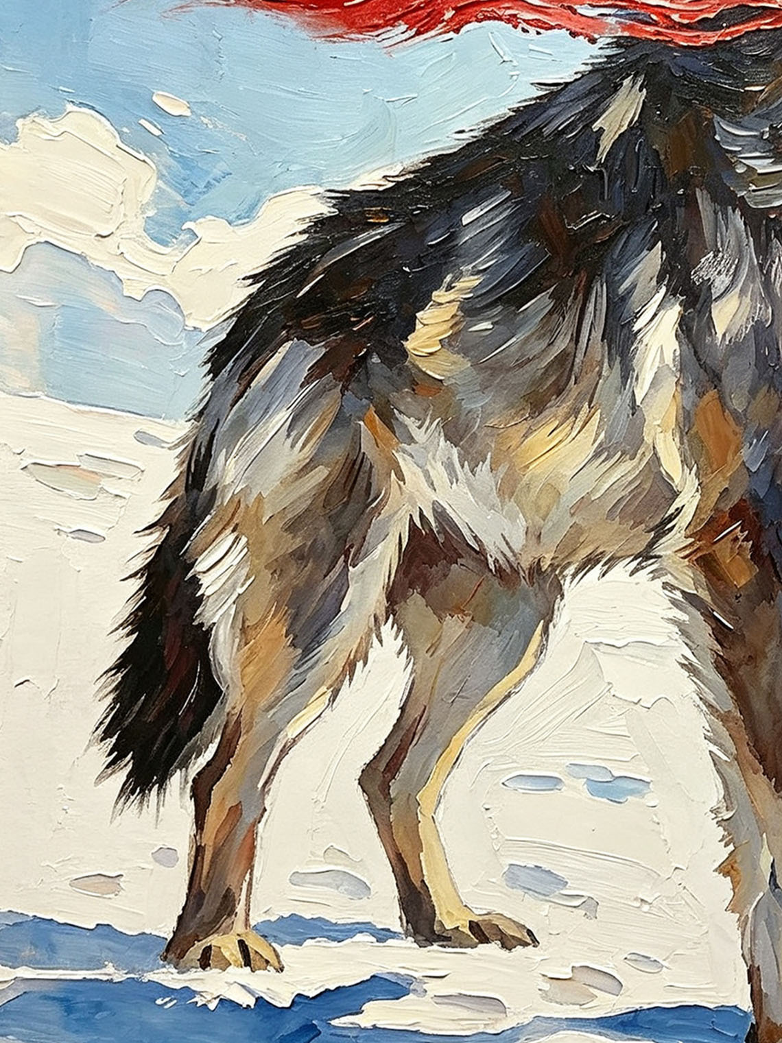 Wild Grey Wolf Holding Flowing Red Ribbon On Snowy Winter Landscape Oil Painting Custom oil painting from photo, Gift for friend，Size 4x4