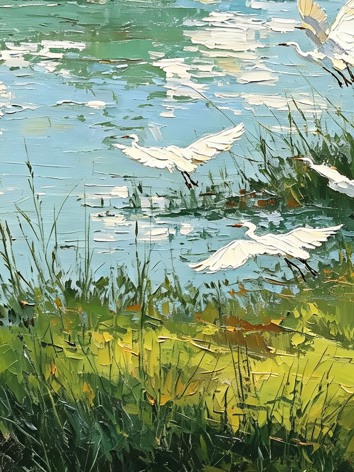 Flock of White Egrets Flying Over Green Riverside Wetland Landscape Oil Painting Custom oil painting from photo, Gift for friend，Size 4x4