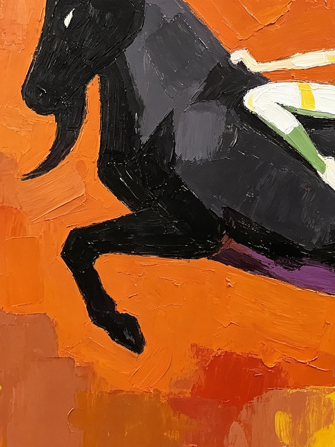 Abstract Mythological Scene Woman Riding Black Goat Bold Orange Background Custom oil painting from photo, Gift for friend，Size 4x4
