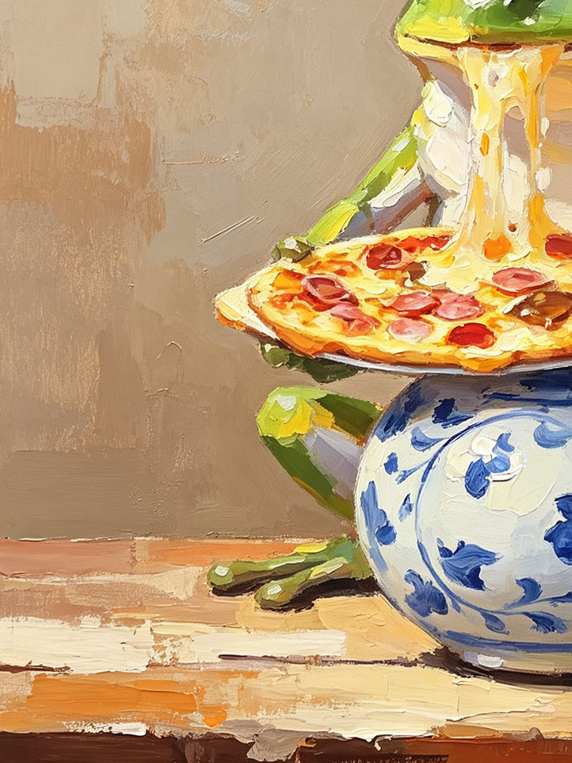 Whimsical Green Frog Eating Melted Cheese Pizza On Blue Floral Vase Oil Painting Custom oil painting from photo, Gift for friend，Size 4x4
