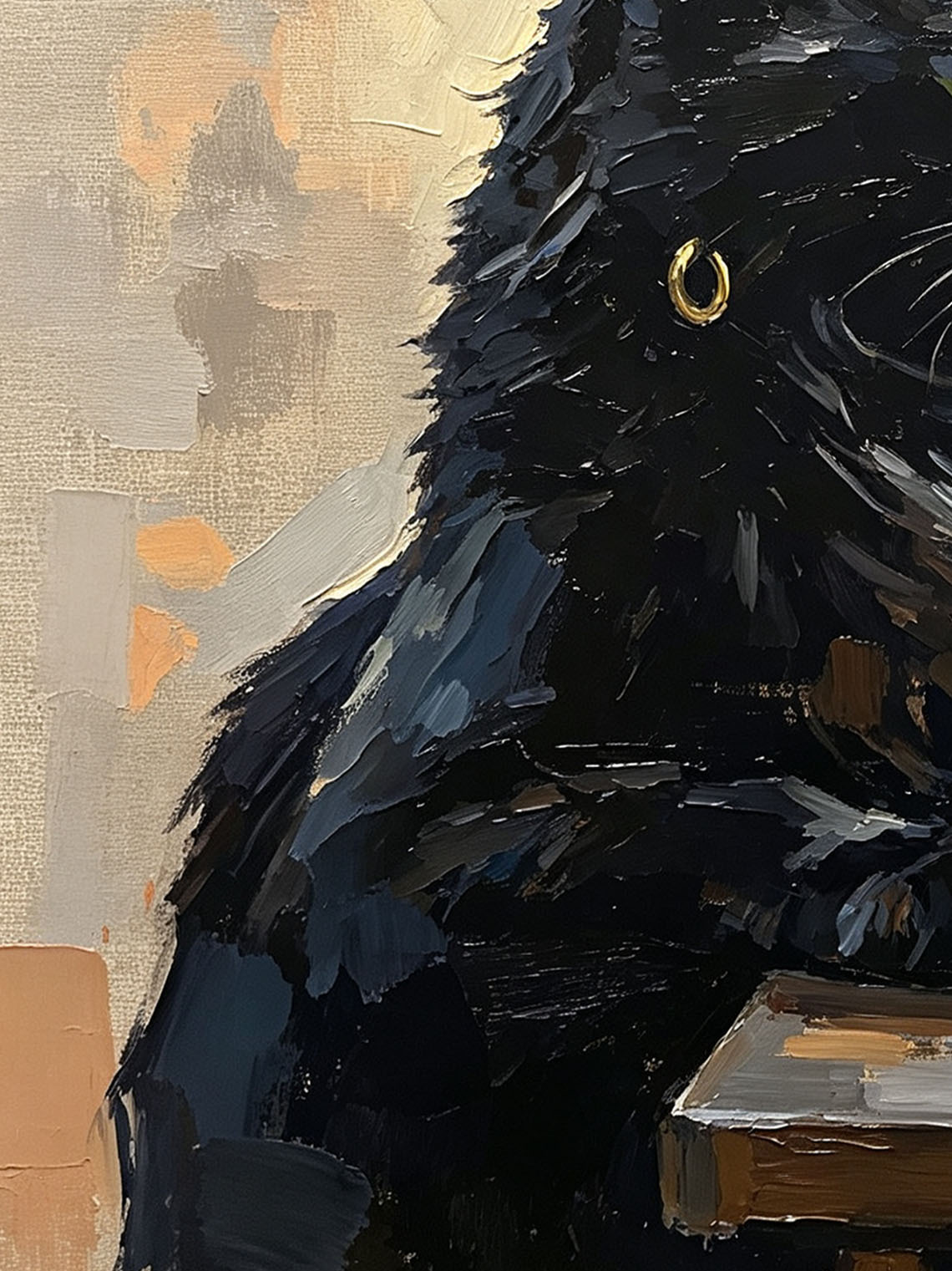 Cool Moody Black Cat With Gold Earring Beside Blue Coffee Cup On Wooden Table Custom oil painting from photo, Gift for friend，Size 4x4