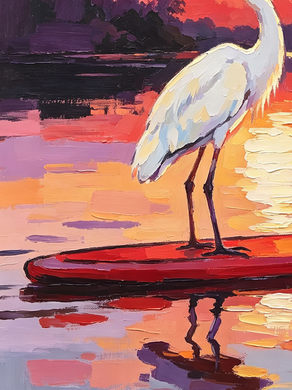 White Egret Standing on Red Paddle Board Over Lake At Vibrant Sunset Landscape Custom oil painting from photo, Gift for friend，Size 4x4
