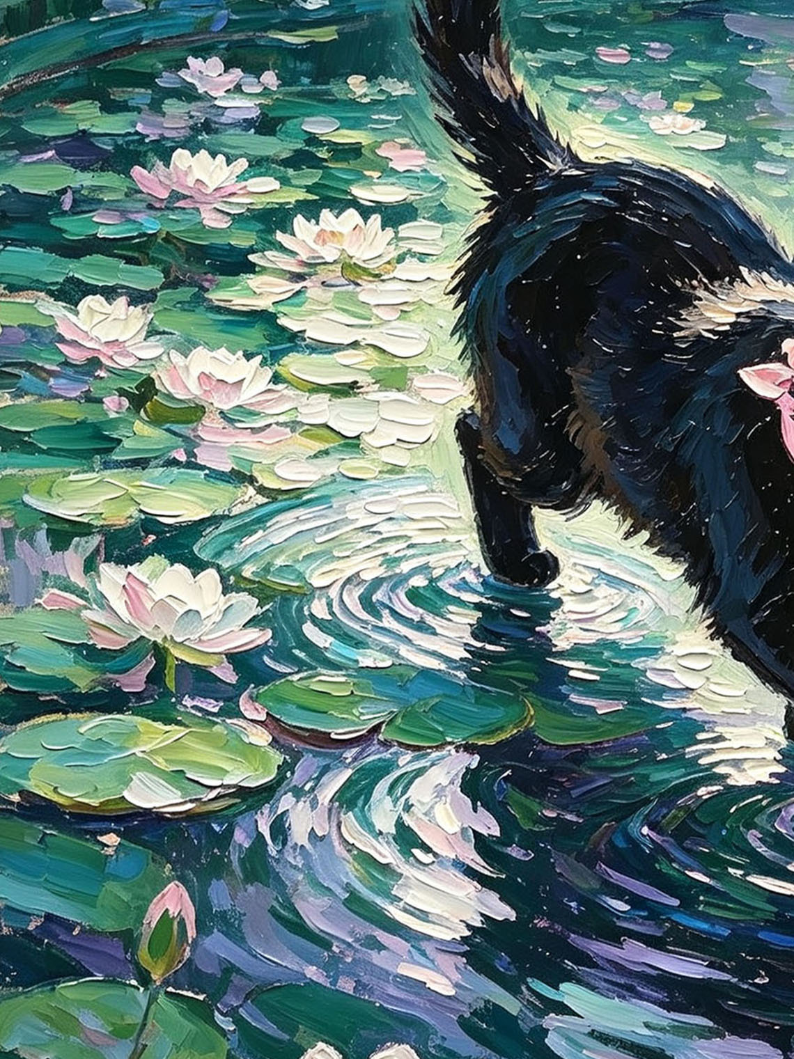 Black Cat With Pink Bow Walking Across Water Lily Pond In Sunlit Garden Custom oil painting from photo, Gift for friend，Size 4x4