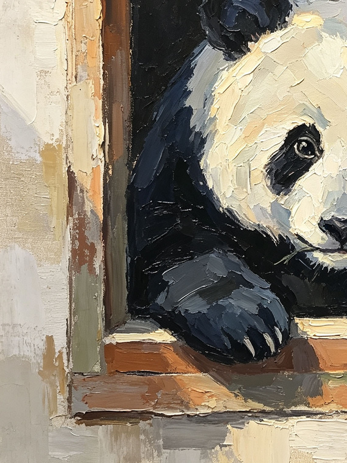 Cute Giant Panda Leaning Out From Wooden Window Box Impasto Oil Painting Custom oil painting from photo, Gift for friend，Size 4x4