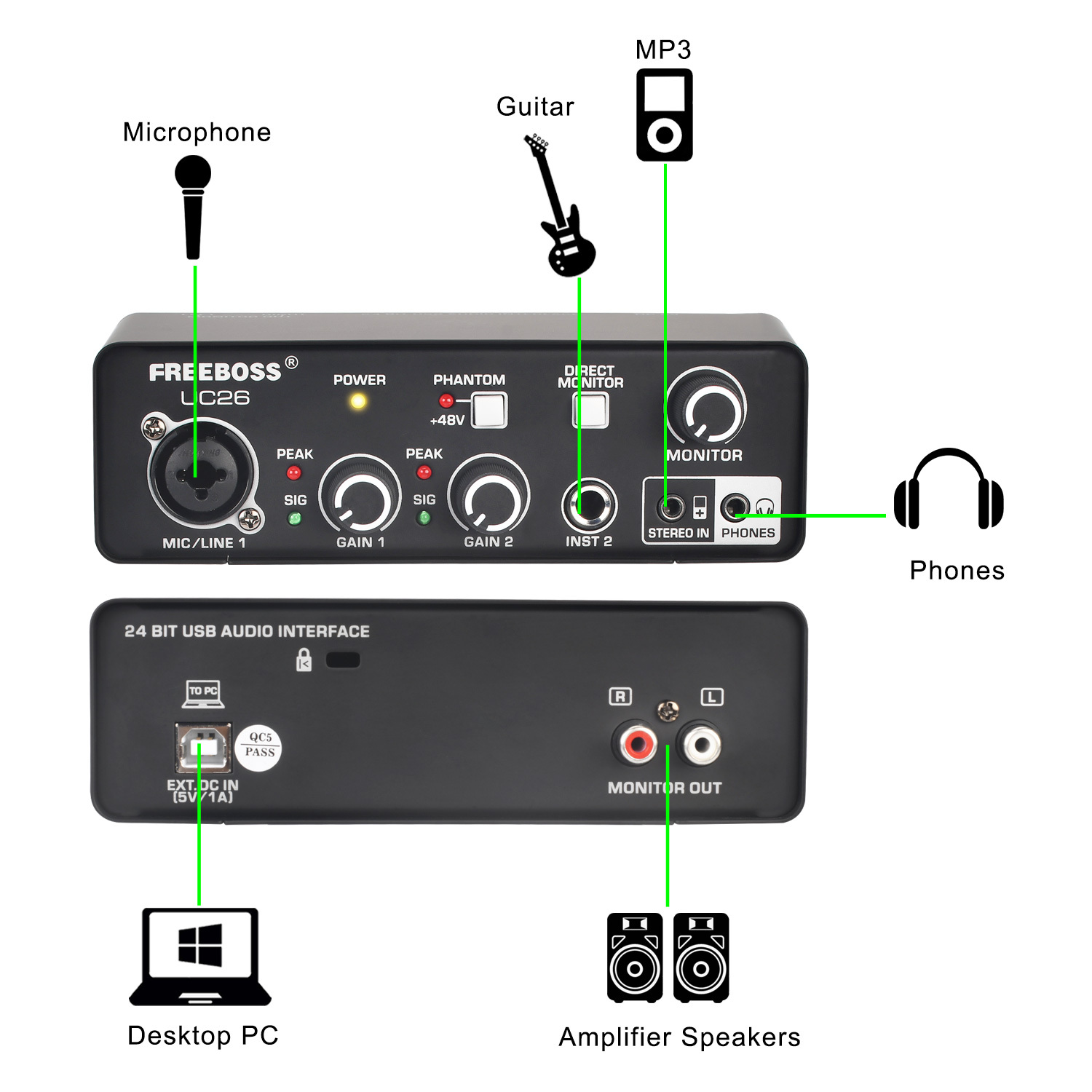 Freeboss External Usb Sound Card 24Bit 48KHz ASIO4ALL Computer Recording Studio Guitar 48V XLR Audio Interface Mini UC26