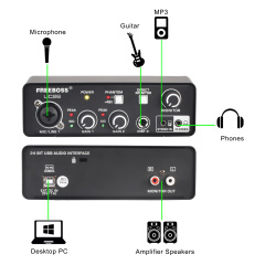 Freeboss External Usb Sound Card 24Bit 48KHz ASIO4ALL Computer Recording Studio Guitar 48V XLR Audio Interface Mini UC26