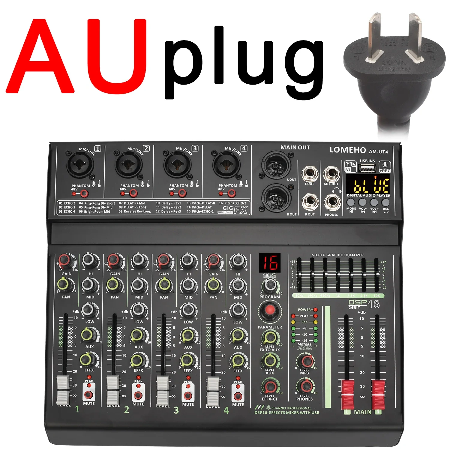 LOMEHO 4 Channel Mono Audio Mixers 7 Band EQ 16 DSP Effect Bluetooth Mixing Console 48V USB Record Sound Table Karaoke AM-UT4