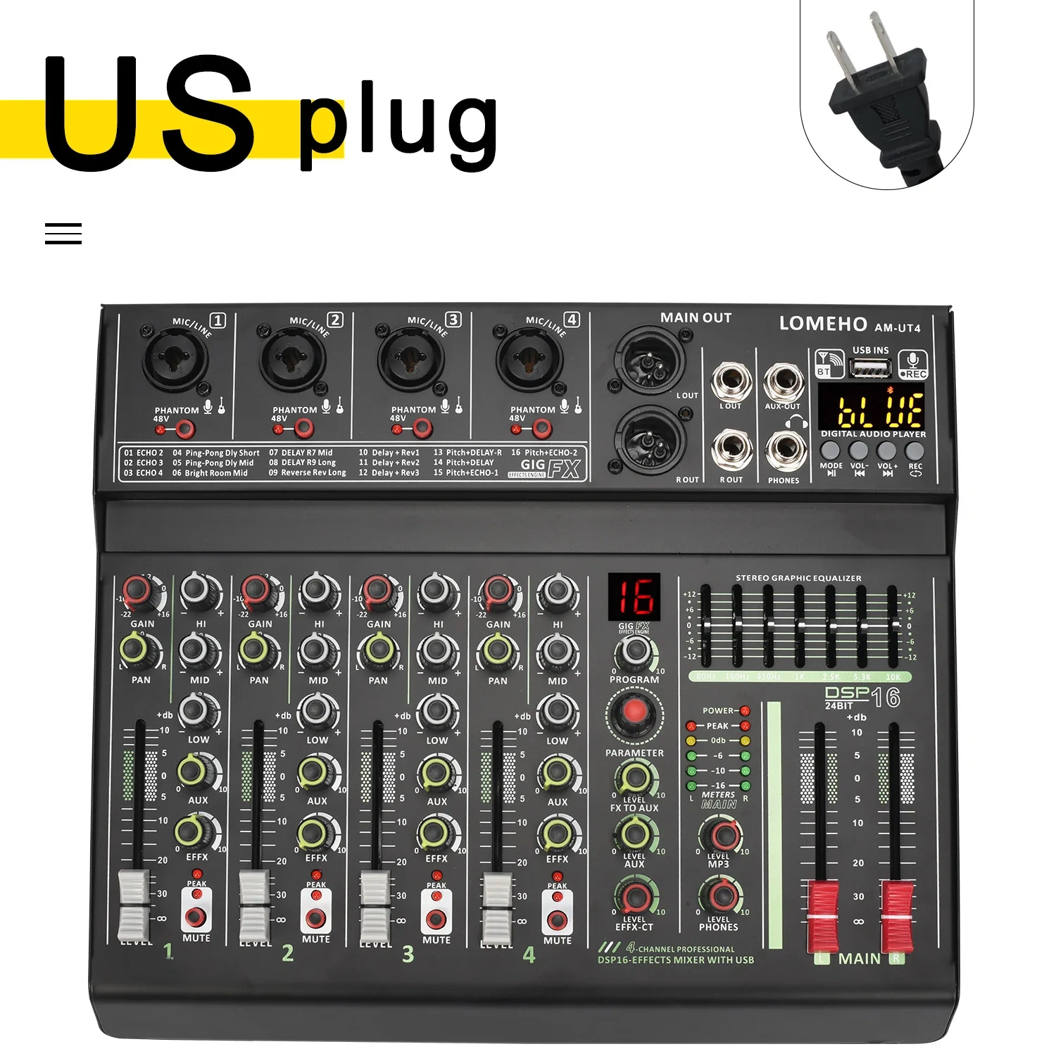 LOMEHO 4 Channel Mono Audio Mixers 7 Band EQ 16 DSP Effect Bluetooth Mixing Console 48V USB Record Sound Table Karaoke AM-UT4