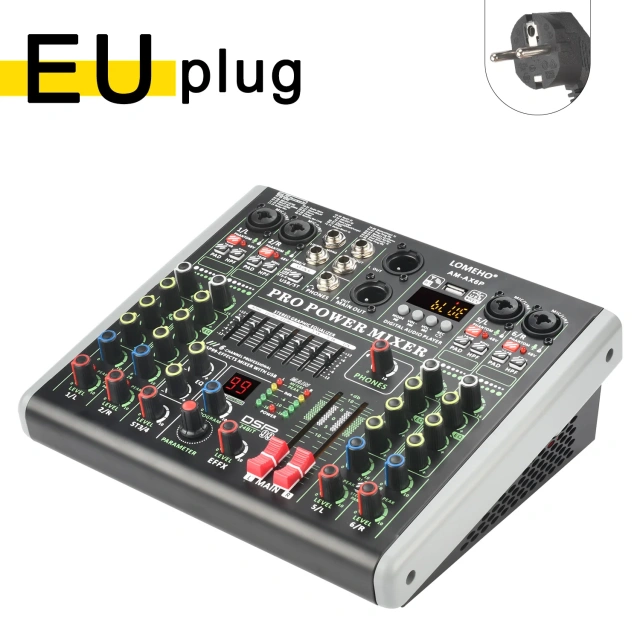 LOMEHO 2*100W Power Audio Mixer Amplifier 6 Channel Mixing Console with Amp 48V USB PC Record Bluetooth Dj Sound Table AM-AX6P