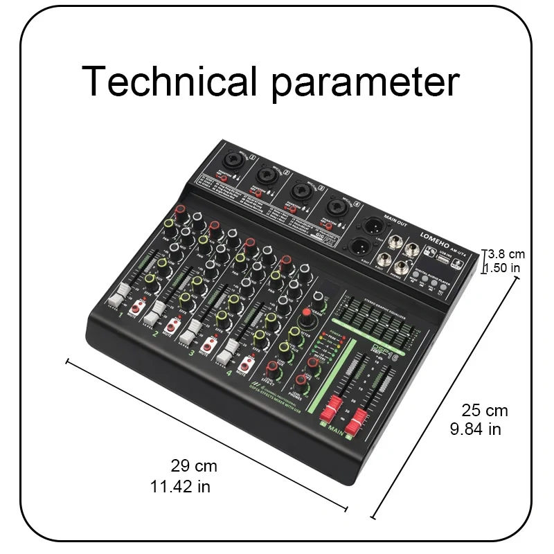 LOMEHO 4 Channel Mono Audio Mixers 7 Band EQ 16 DSP Effect Bluetooth Mixing Console 48V USB Record Sound Table Karaoke AM-UT4
