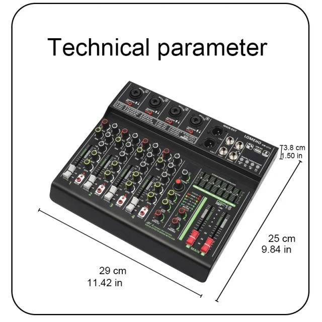 LOMEHO 4 Channel Mono Audio Mixers 7 Band EQ 16 DSP Effect Bluetooth Mixing Console 48V USB Record Sound Table Karaoke AM-UT4