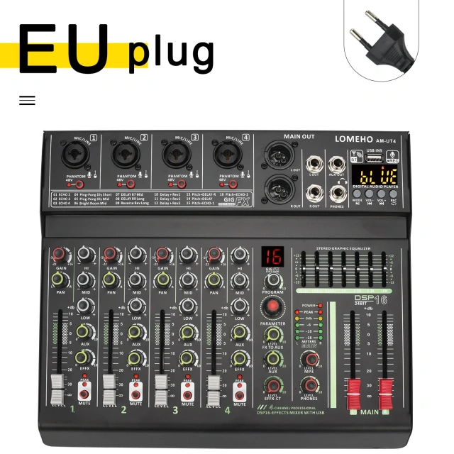 LOMEHO 4 Channel Mono Audio Mixers 7 Band EQ 16 DSP Effect Bluetooth Mixing Console 48V USB Record Sound Table Karaoke AM-UT4