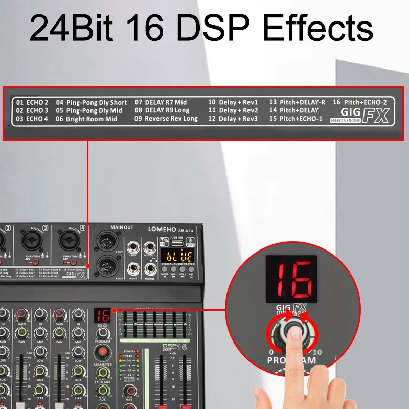 LOMEHO 4 Channel Mono Audio Mixers 7 Band EQ 16 DSP Effect Bluetooth Mixing Console 48V USB Record Sound Table Karaoke AM-UT4