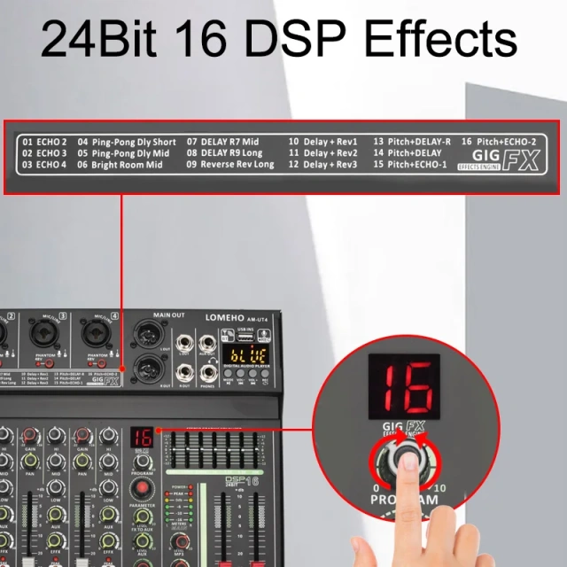 LOMEHO 4 Channel Mono Audio Mixers 7 Band EQ 16 DSP Effect Bluetooth Mixing Console 48V USB Record Sound Table Karaoke AM-UT4