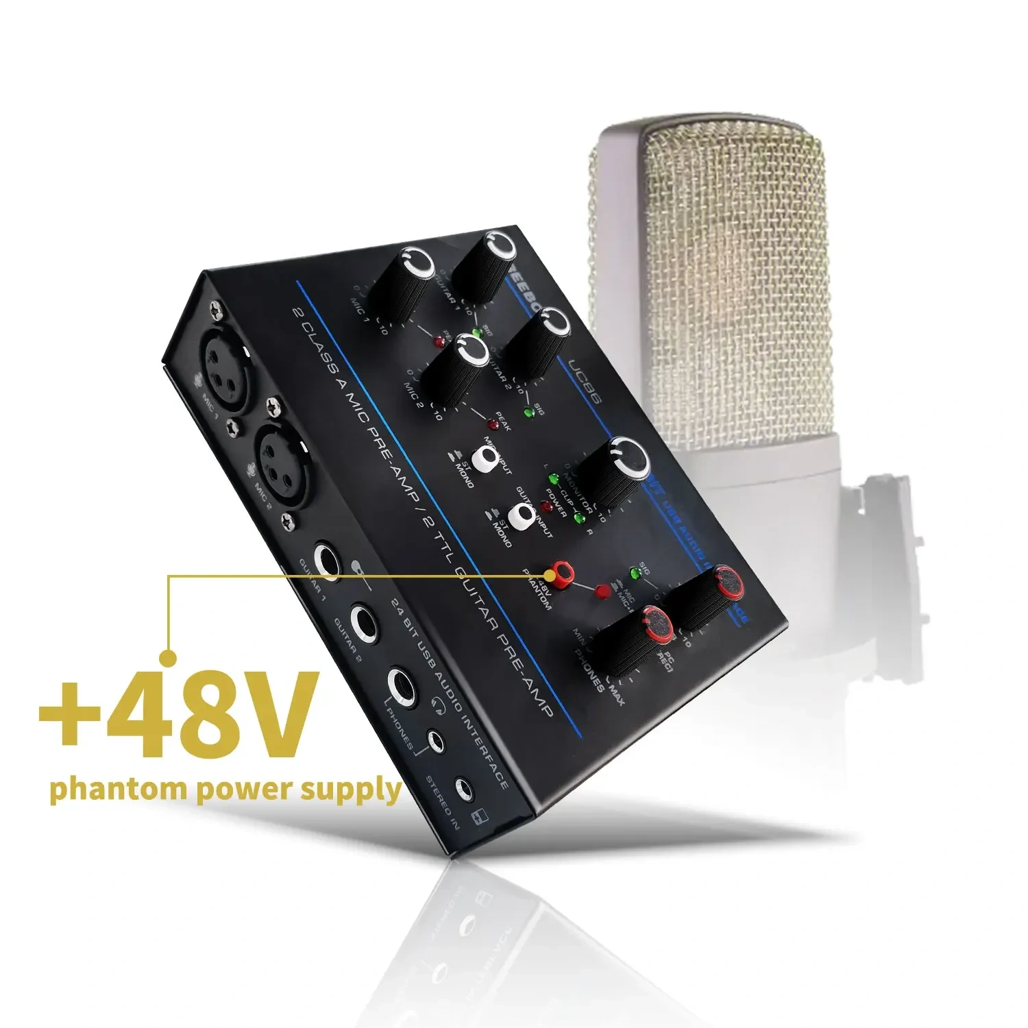 Freeboss Electric Guitar Sound Card 24bit ASIO4ALL 5 Channel Loopback Audio Interface 3.5mm Phone Input Stereo PC Record UC86