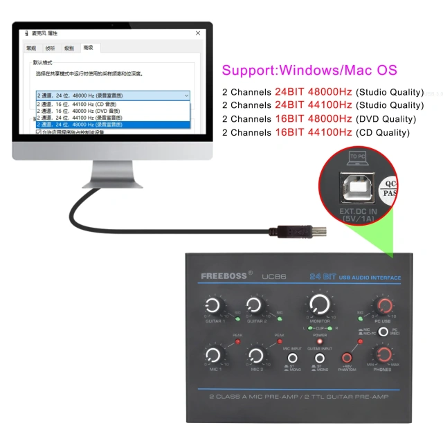 Freeboss Electric Guitar Sound Card 24bit ASIO4ALL 5 Channel Loopback Audio Interface 3.5mm Phone Input Stereo PC Record UC86