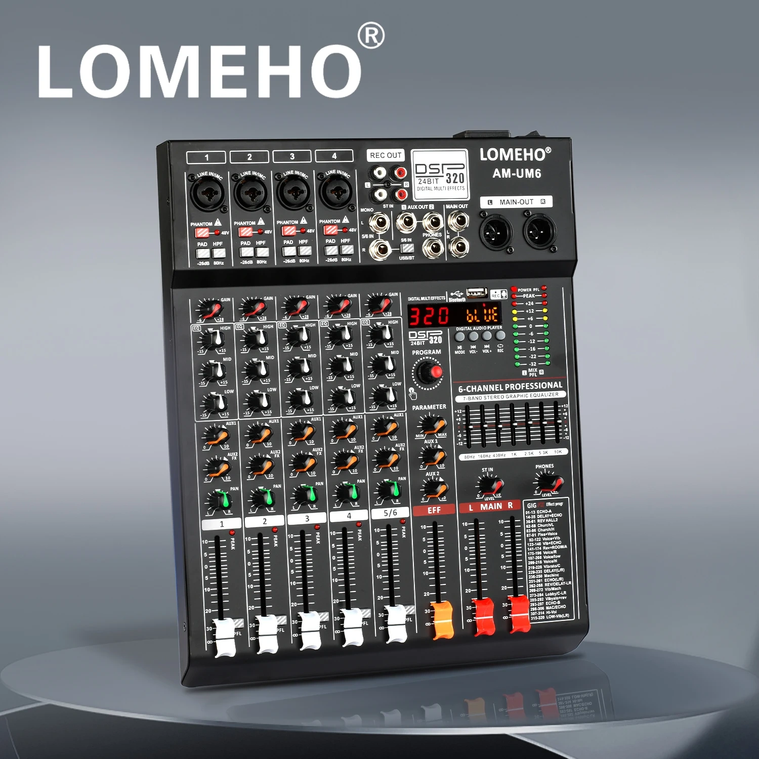 Lomeho 6 Channels Audio Mixer Bluetooth 320 DSP Effects Separately 48V USB Mixing Console Small Show Party Sound Table AM-UM6