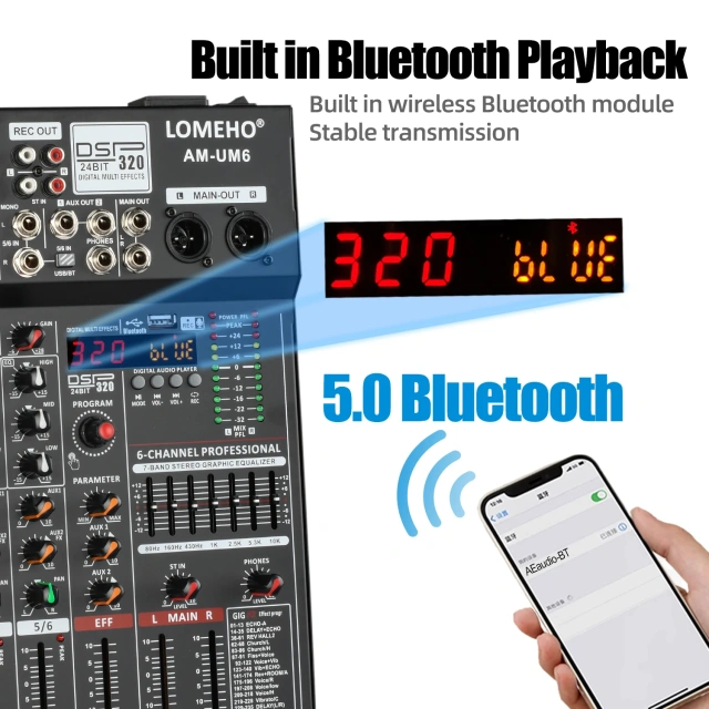 Lomeho 6 Channels Audio Mixer Bluetooth 320 DSP Effects Separately 48V USB Mixing Console Small Show Party Sound Table AM-UM6