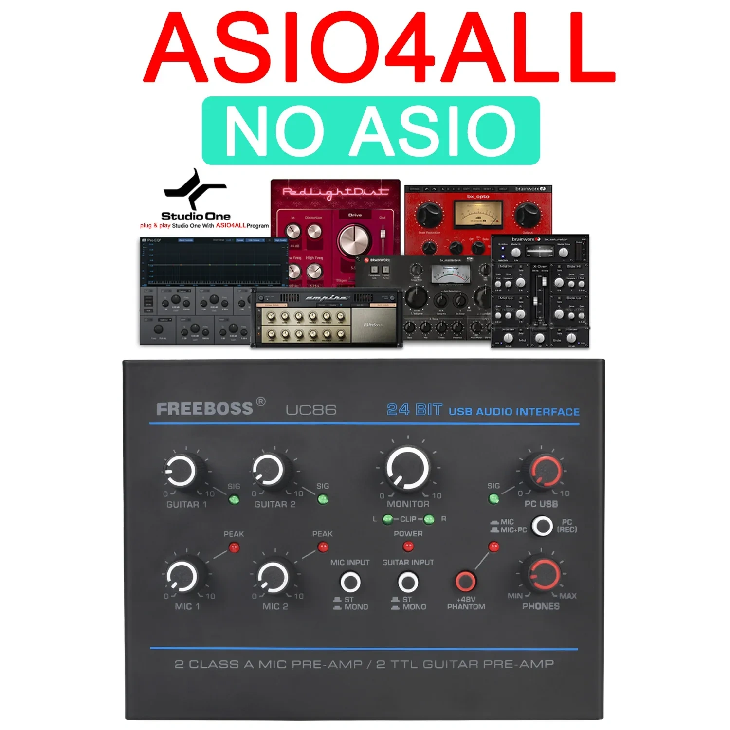 Freeboss Electric Guitar Sound Card 24bit ASIO4ALL 5 Channel Loopback Audio Interface 3.5mm Phone Input Stereo PC Record UC86
