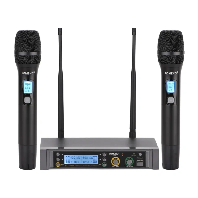 LOMEHO Metal Handheld Wireless Microphone 2 Way 2X380 Multi Frequency DC 5V Anti-feedback Mute DJ Party Karaoke Church LO-U11