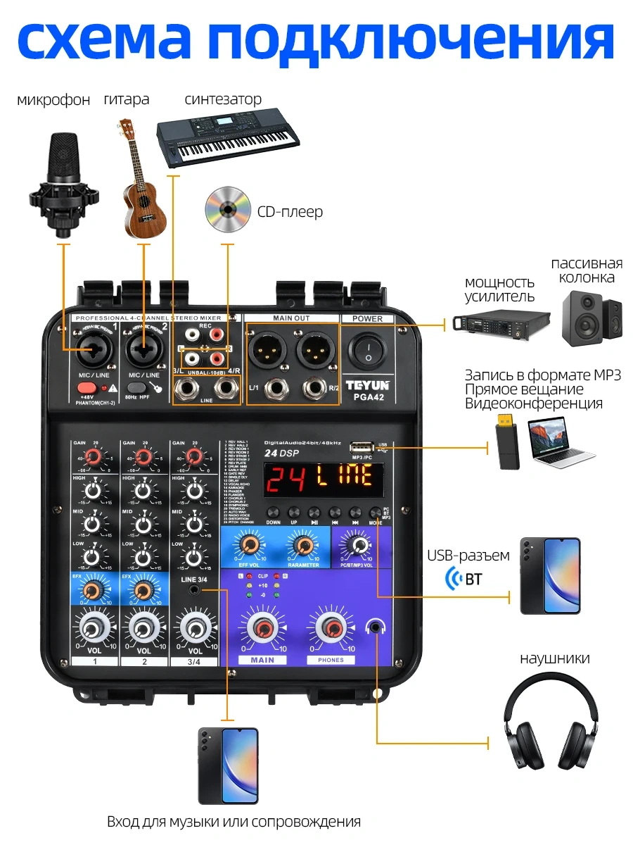 TEYUN 2*150W Power Mixer Amplifier Portable 4 8 Channel 24 DSP USB PC Recording Bluetooth 48V DJ Audio Console for Party PGA42