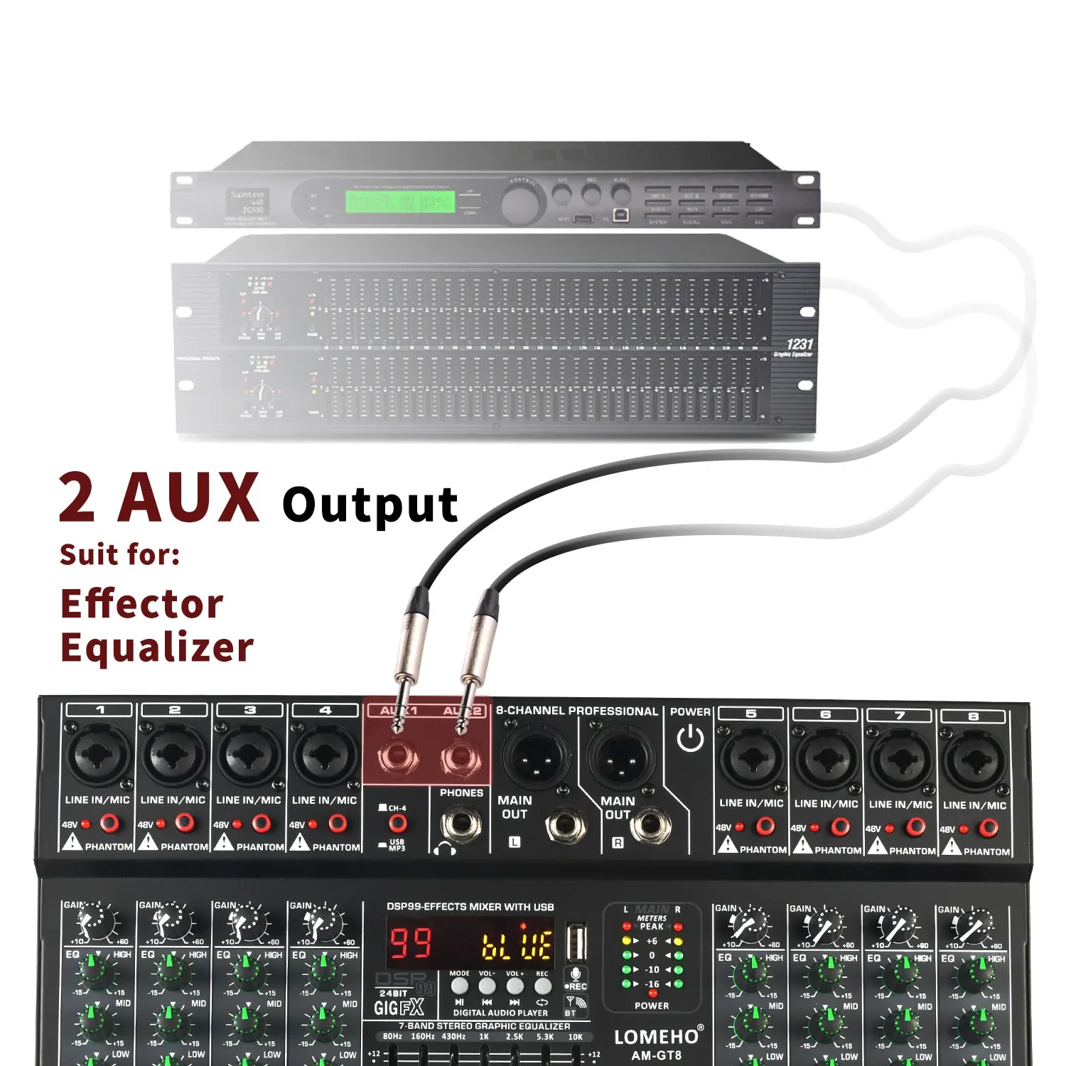 LOMEHO 8 Channels Mixing Console 99 DSP Effects 7 Band EQ 2 AUX Output 48V Audio Sound Mixer USB Bluetooth Dj Mix Table AM-GT8