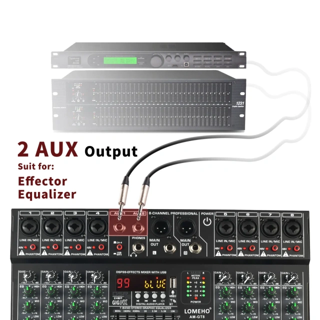 LOMEHO 8 Channels Mixing Console 99 DSP Effects 7 Band EQ 2 AUX Output 48V Audio Sound Mixer USB Bluetooth Dj Mix Table AM-GT8