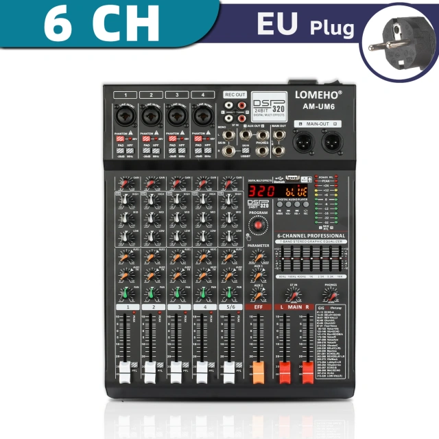Lomeho 6 Channels Audio Mixer Bluetooth 320 DSP Effects Separately 48V USB Mixing Console Small Show Party Sound Table AM-UM6