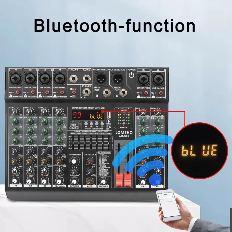 Lomeho 6 Channel Mixing Console Mono 99 Digital Effect USB Sound Card dj Mixer Bluetooth 48V 2 AUX Dj Karaoke Audio Table AM-GT6