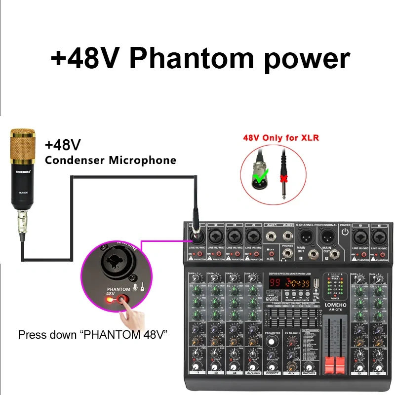 Lomeho 6 Channel Mixing Console Mono 99 Digital Effect USB Sound Card dj Mixer Bluetooth 48V 2 AUX Dj Karaoke Audio Table AM-GT6