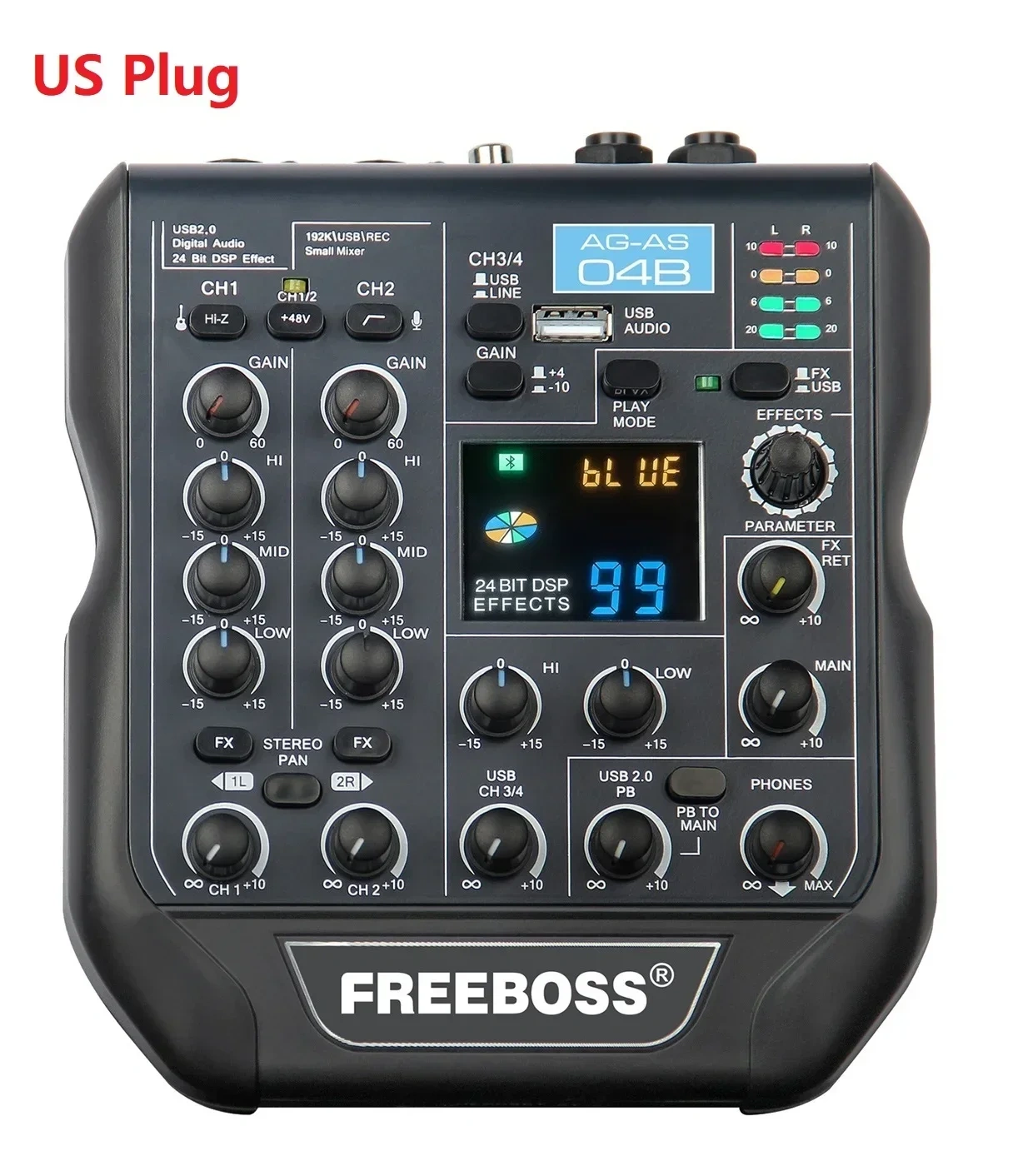 Freeboss 4 Channel Audio Mixer 99 DSP Effects Bluetooth PC play USB Record Mixing Console 48V Phantom Power Podcast AG-AS04B