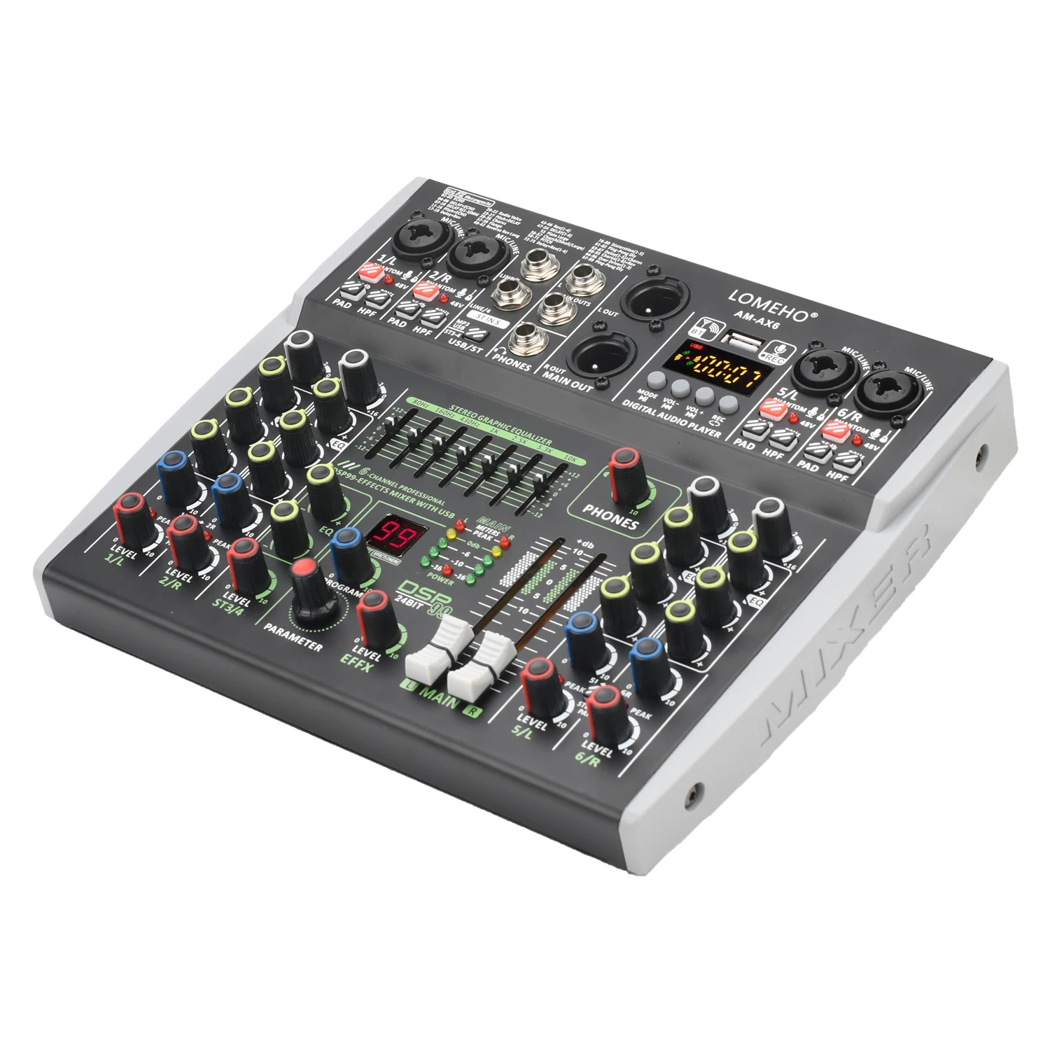 Lomeho 6 Channel Mixing Console Bluetooth 7 Band EQ Audio Sound Mixer 48V 99 DSP Effects Professional USB PC Karaoke AM-AX6