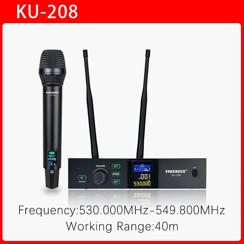 Professional UHF 100 Channels Wireless Microphone System Freeboss 40M Handheld Metal Dynamic Transmitter for Stage Show KU-208
