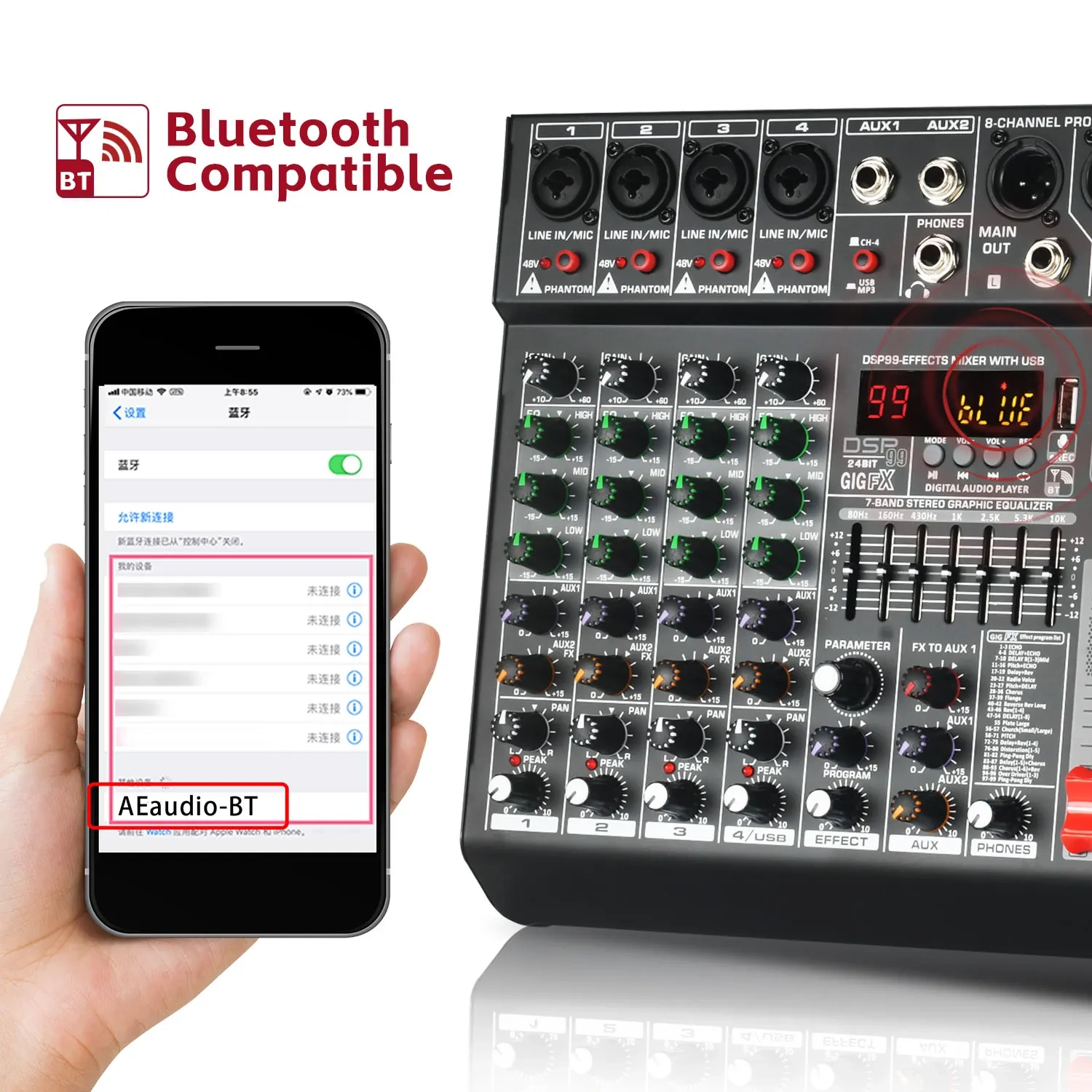 LOMEHO 8 Channels Mixing Console 99 DSP Effects 7 Band EQ 2 AUX Output 48V Audio Sound Mixer USB Bluetooth Dj Mix Table AM-GT8