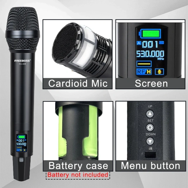 Professional UHF 100 Channels Wireless Microphone System Freeboss 40M Handheld Metal Dynamic Transmitter for Stage Show KU-208