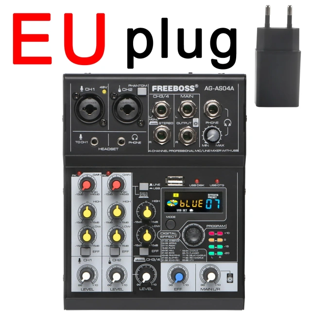 Freeboss Audio Mixer 4 Channels Bluetooth 88 DSP Effects Dj Mixing Console USB Record Portable Sound Table for Karaoke AG-AS04A