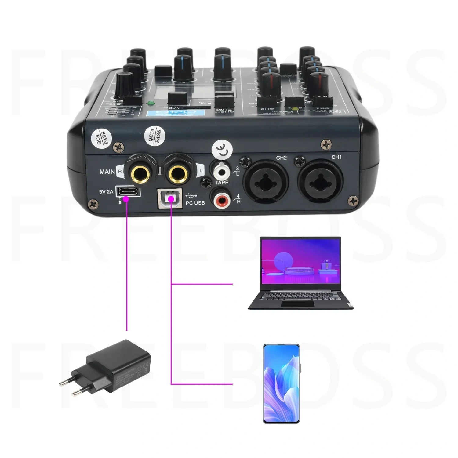 Freeboss 4 Channel Audio Mixer 99 DSP Effects Bluetooth PC play USB Record Mixing Console 48V Phantom Power Podcast AG-AS04B