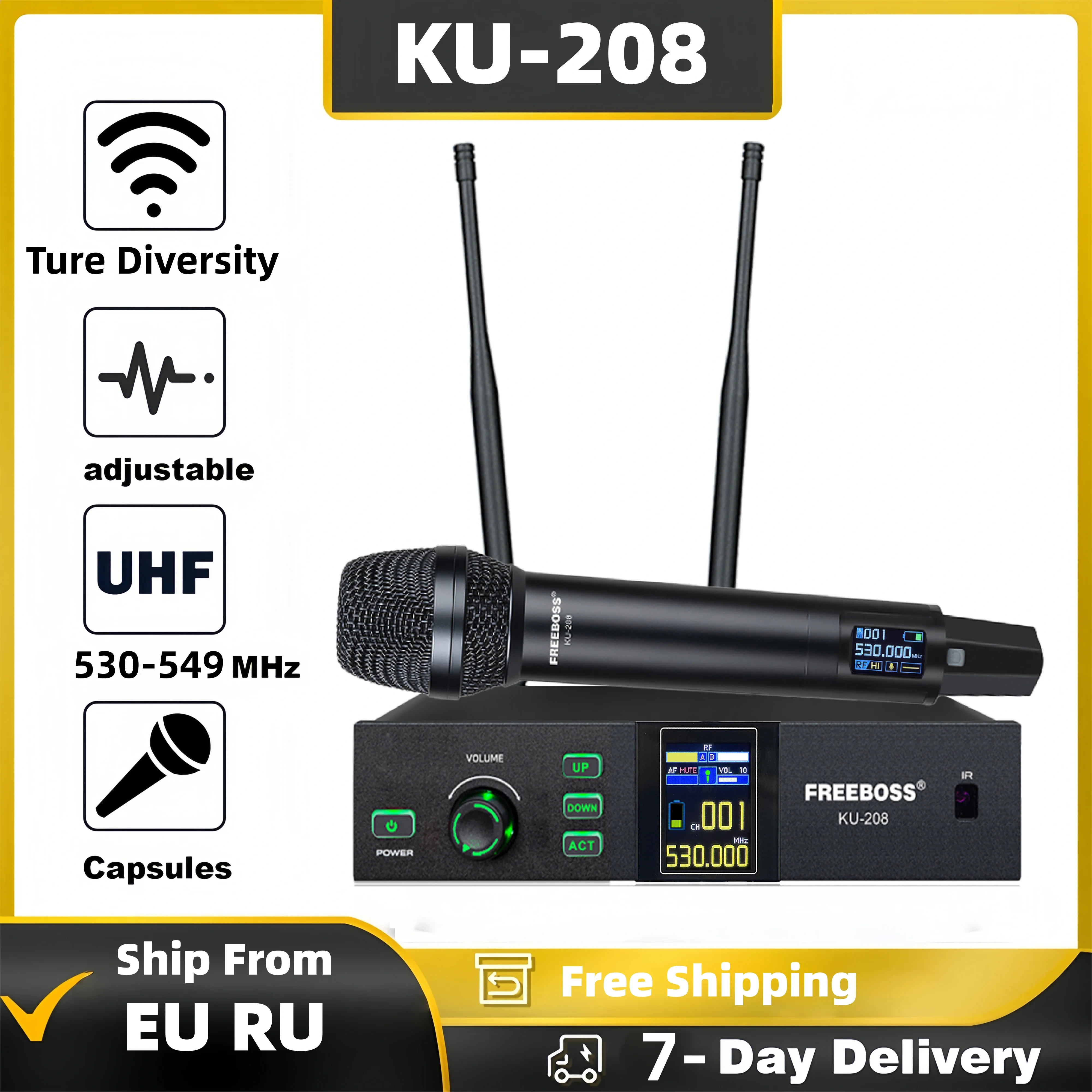 Professional UHF 100 Channels Wireless Microphone System Freeboss 40M Handheld Metal Dynamic Transmitter for Stage Show KU-208