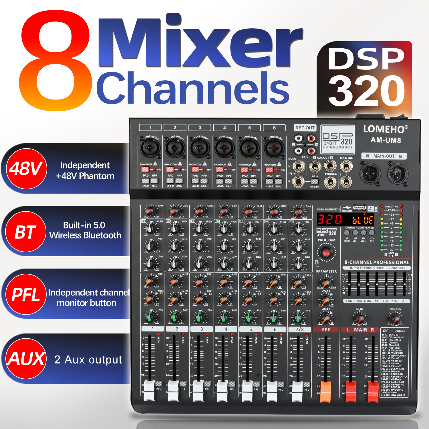 Lomeho 8 Channel 6 Mono 1 Stereo Sound Mixer PFL Monitor 320 DSP Mixing Table 48V Bluetooth 2 AUX Output Audio Console AM-UM8