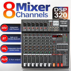 Lomeho 8 Channel 6 Mono 1 Stereo Sound Mixer PFL Monitor 320 DSP Mixing Table 48V Bluetooth 2 AUX Output Audio Console AM-UM8