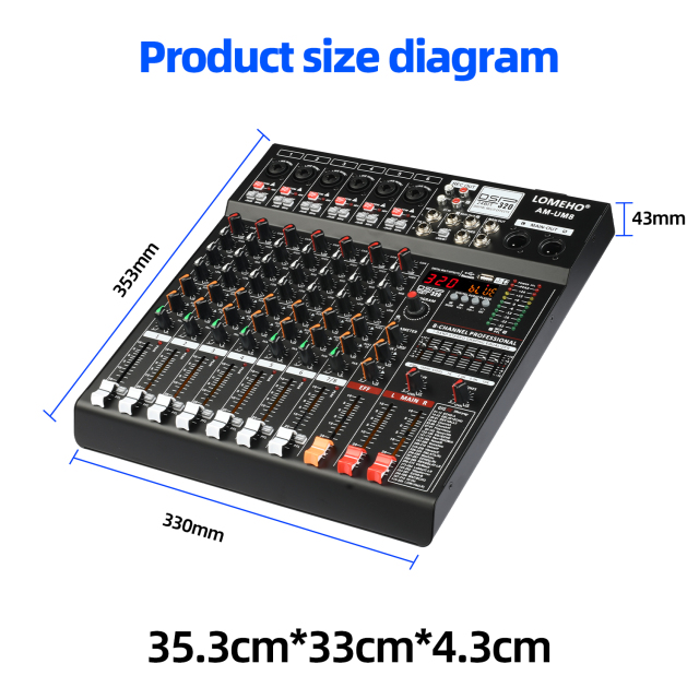 Lomeho 8 Channel 6 Mono 1 Stereo Sound Mixer PFL Monitor 320 DSP Mixing Table 48V Bluetooth 2 AUX Output Audio Console AM-UM8