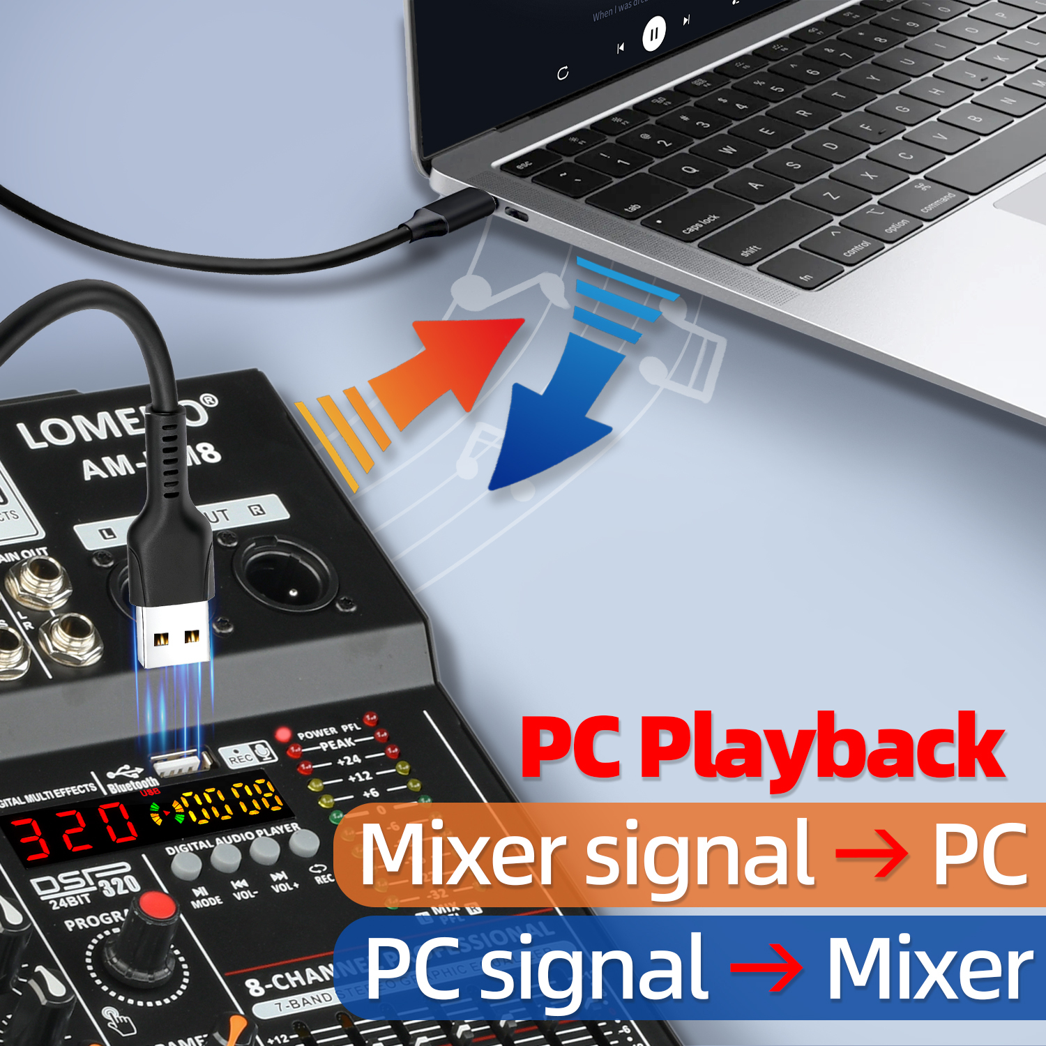 Lomeho 8 Channel 6 Mono 1 Stereo Sound Mixer PFL Monitor 320 DSP Mixing Table 48V Bluetooth 2 AUX Output Audio Console AM-UM8