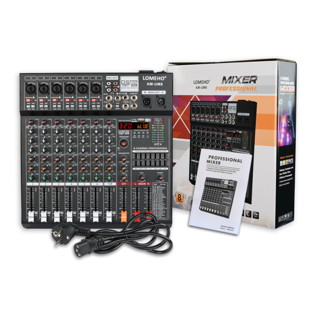 Lomeho 8 Channel 6 Mono 1 Stereo Sound Mixer PFL Monitor 320 DSP Mixing Table 48V Bluetooth 2 AUX Output Audio Console AM-UM8