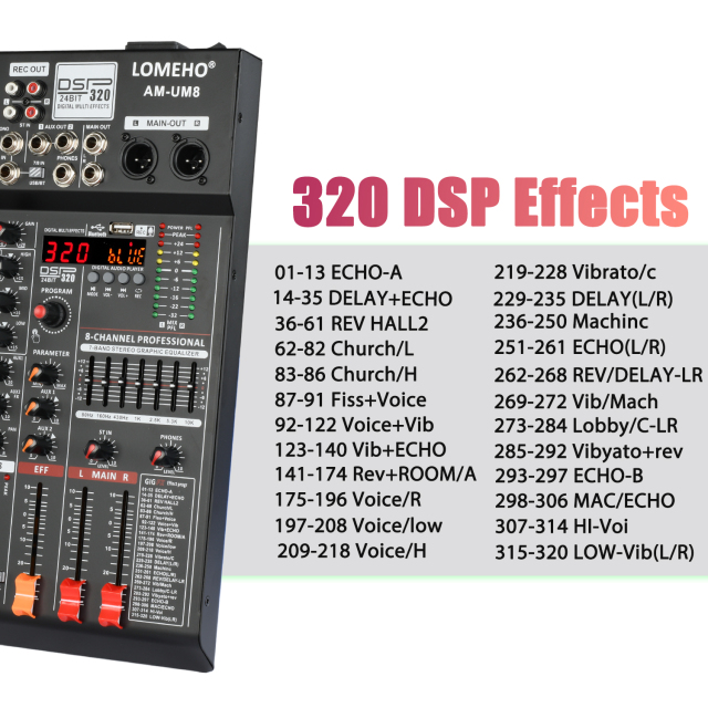 Lomeho 8 Channel 6 Mono 1 Stereo Sound Mixer PFL Monitor 320 DSP Mixing Table 48V Bluetooth 2 AUX Output Audio Console AM-UM8