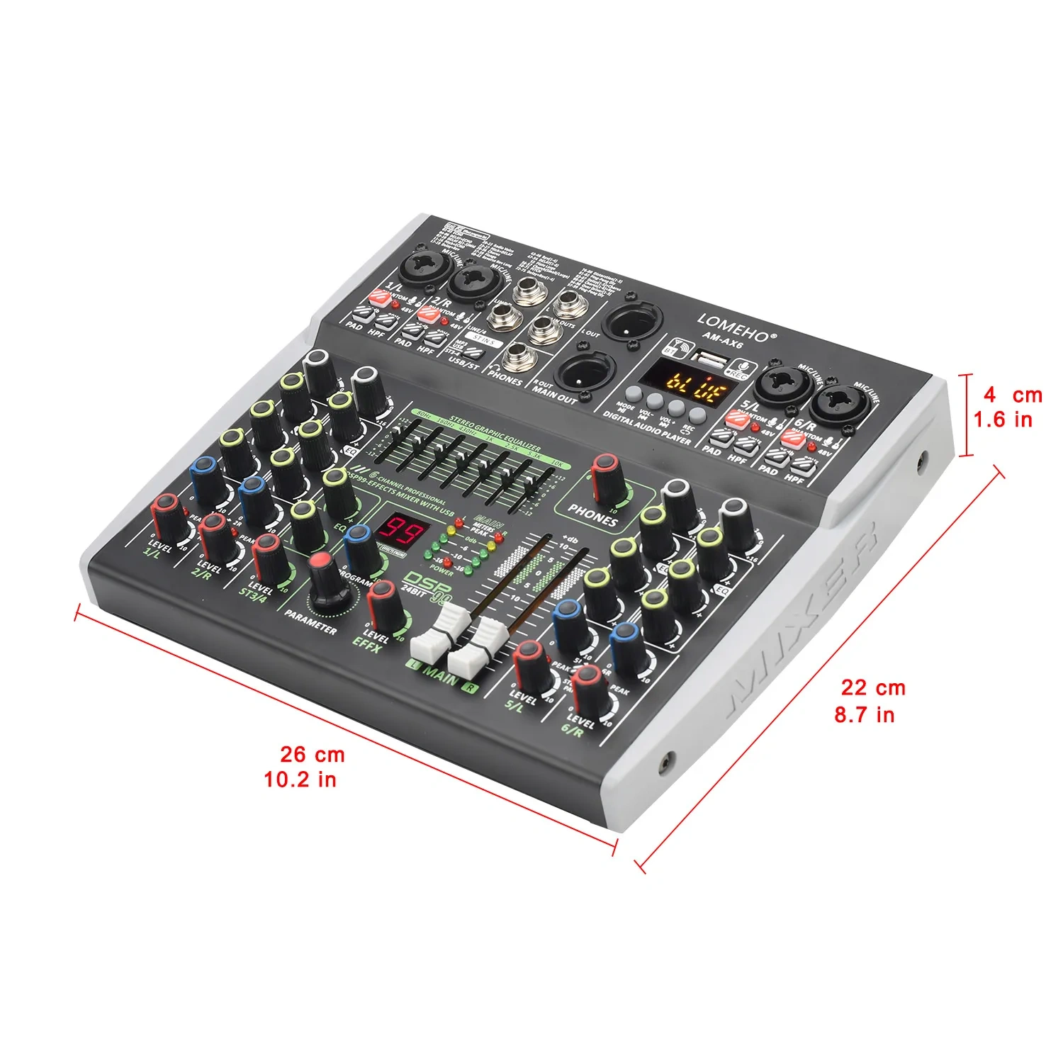 Lomeho 6 Channel Mixing Console Bluetooth 7 Band EQ Audio Sound Mixer 48V 99 DSP Effects Professional USB PC Karaoke AM-AX6