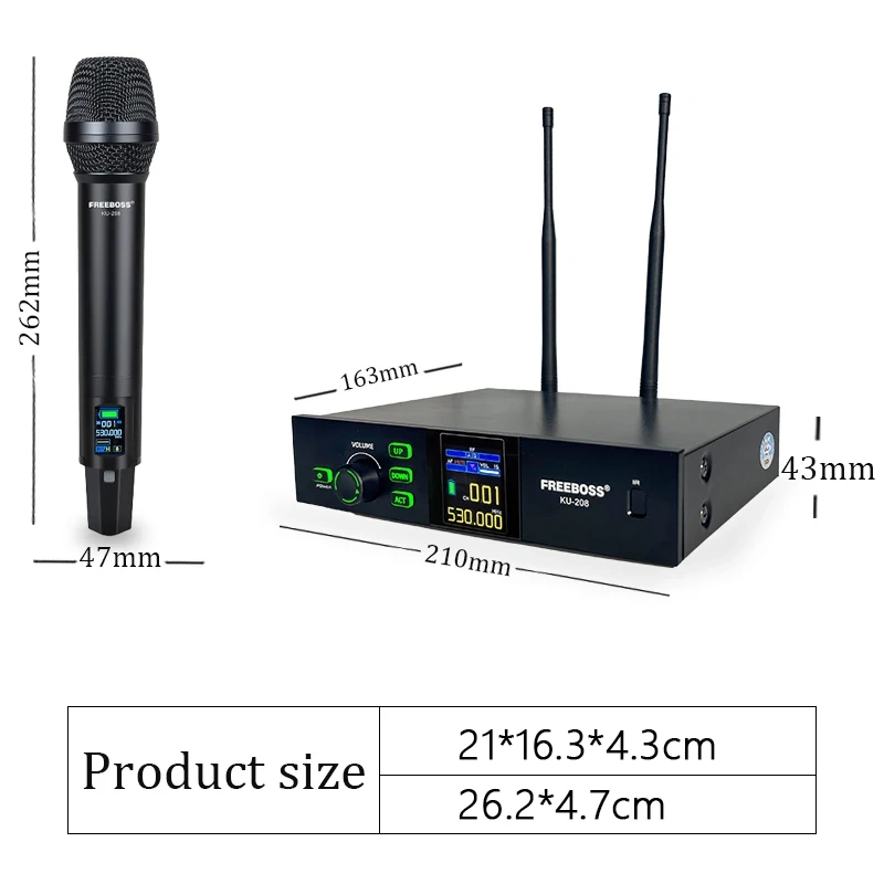Professional UHF 100 Channels Wireless Microphone System Freeboss 40M Handheld Metal Dynamic Transmitter for Stage Show KU-208